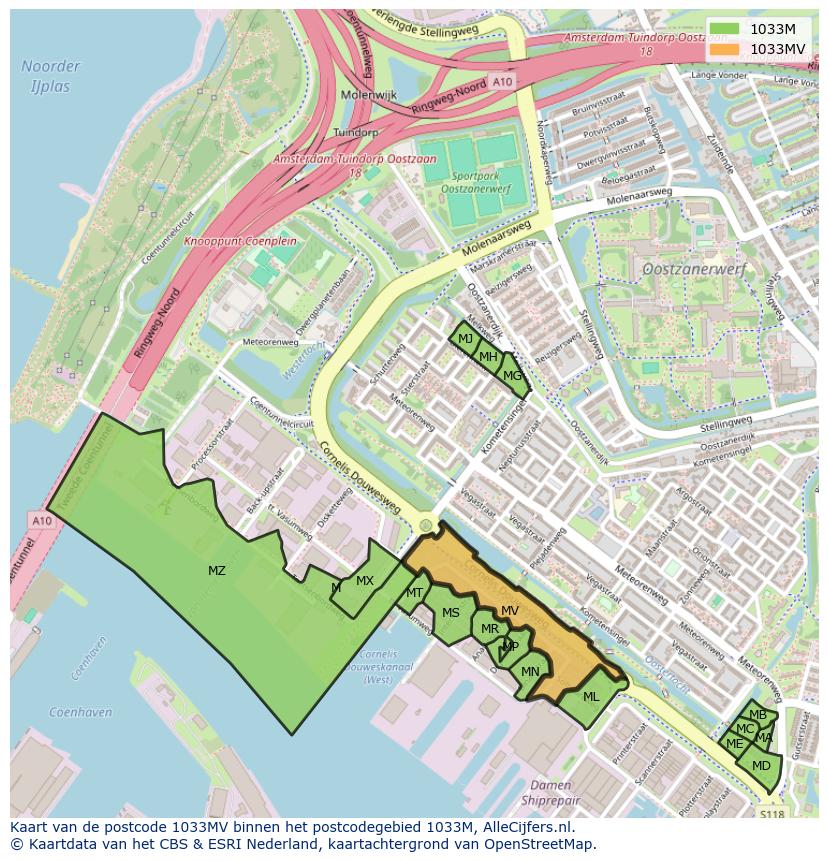 Afbeelding van het postcodegebied 1033 MV op de kaart.