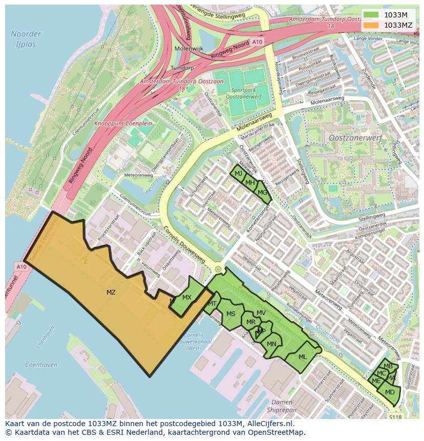 Afbeelding van het postcodegebied 1033 MZ op de kaart.