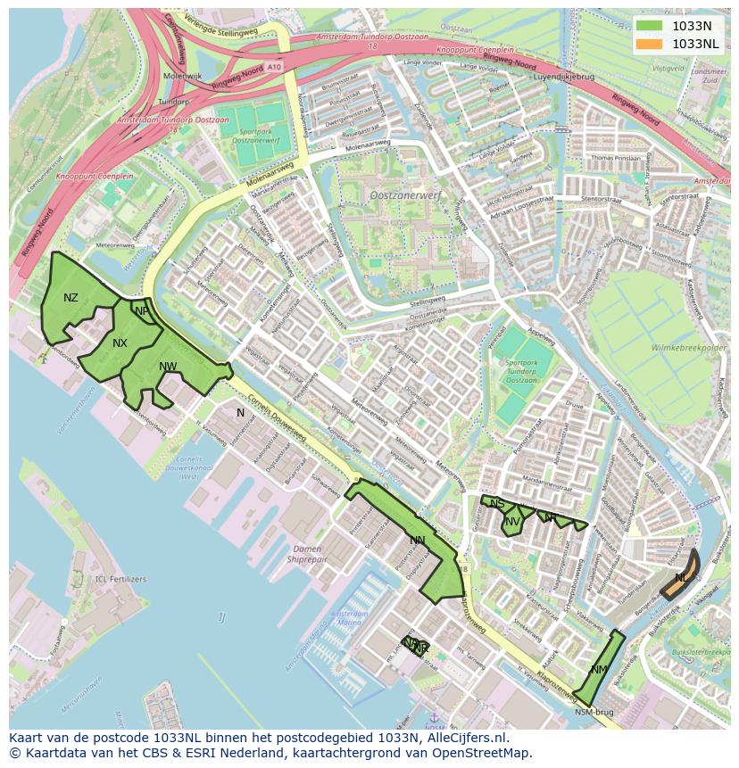 Afbeelding van het postcodegebied 1033 NL op de kaart.