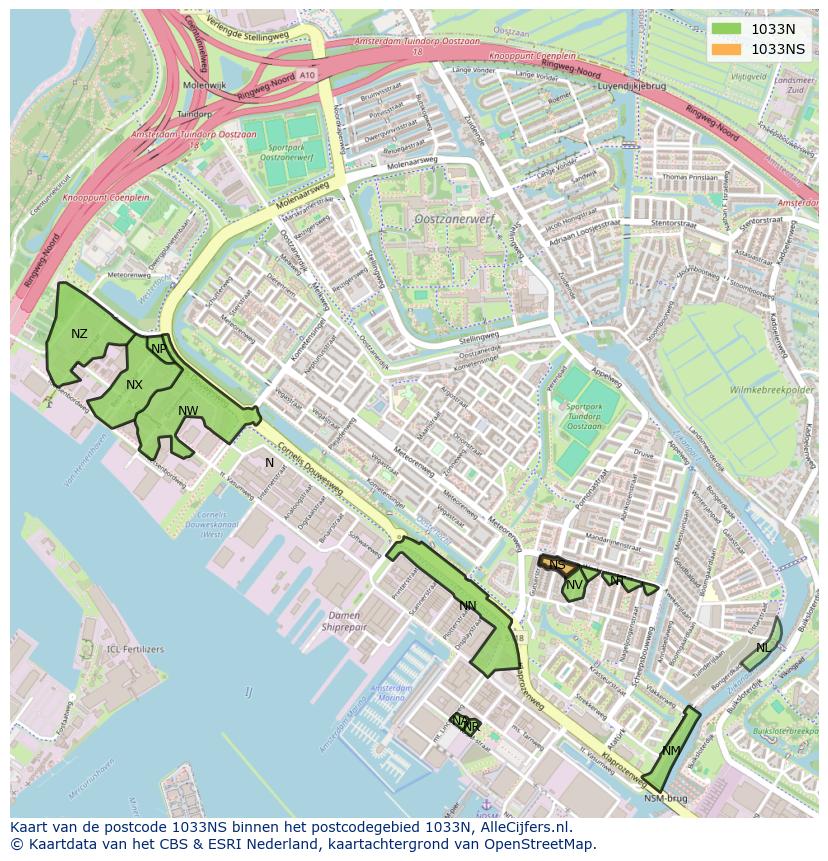 Afbeelding van het postcodegebied 1033 NS op de kaart.