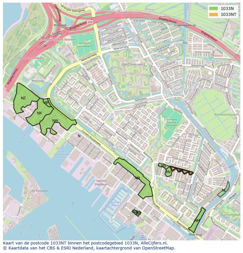 Afbeelding van het postcodegebied 1033 NT op de kaart.