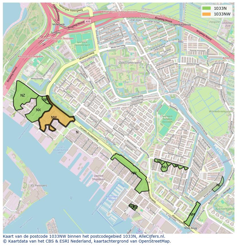 Afbeelding van het postcodegebied 1033 NW op de kaart.