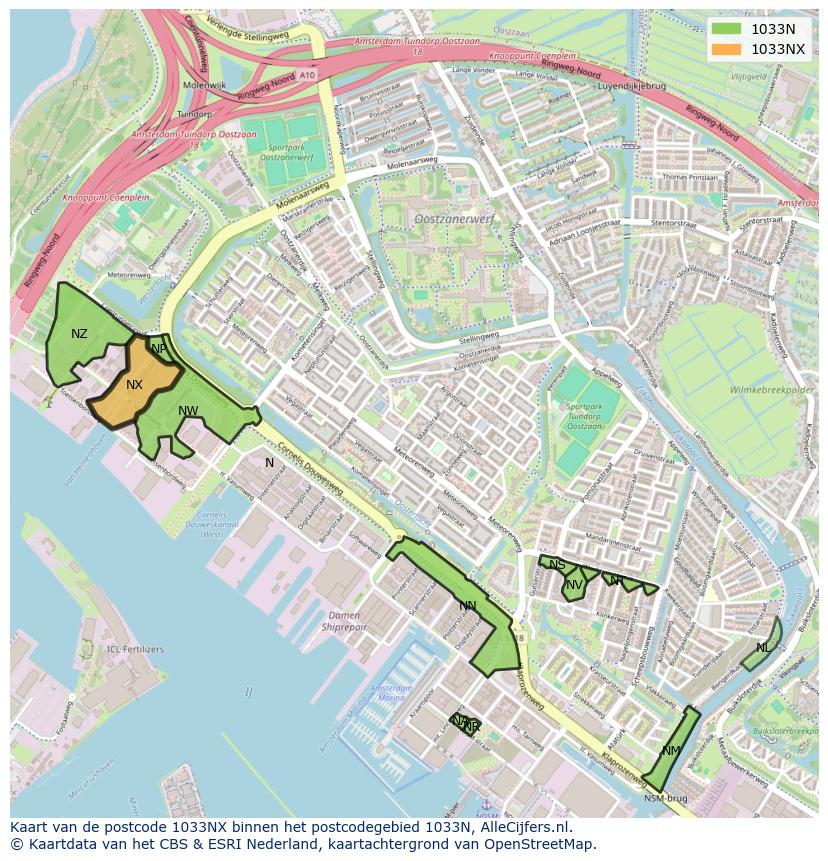 Afbeelding van het postcodegebied 1033 NX op de kaart.
