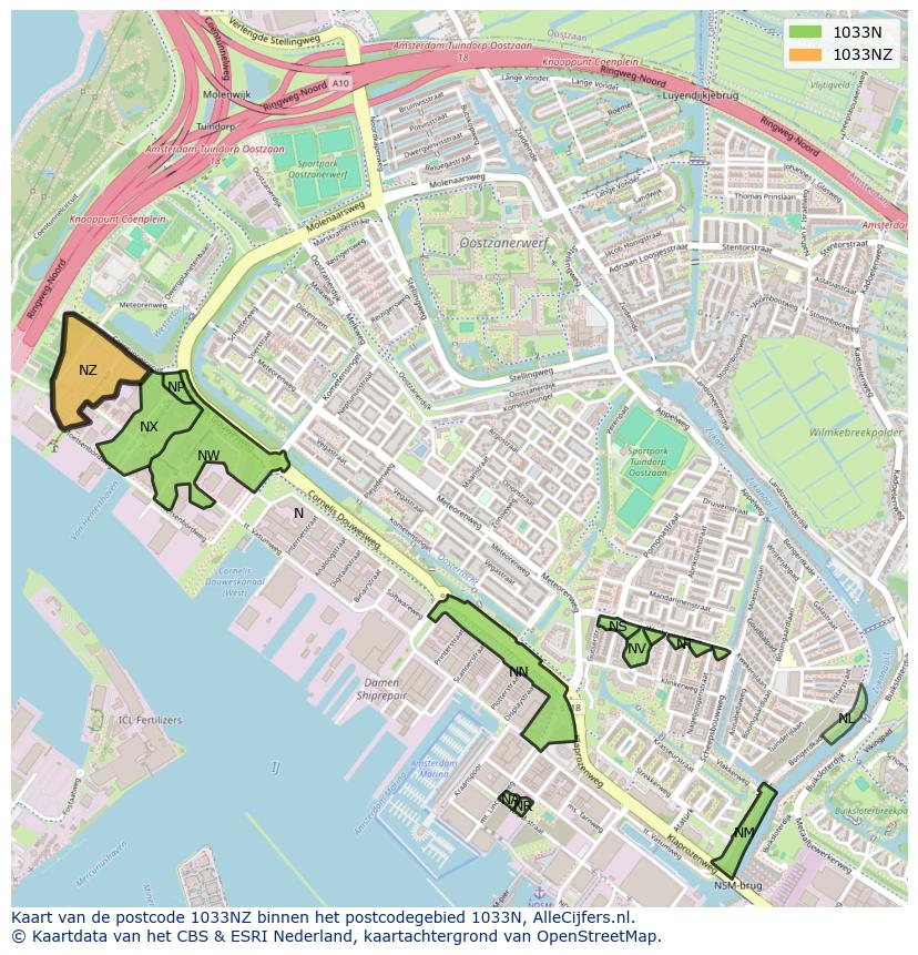 Afbeelding van het postcodegebied 1033 NZ op de kaart.