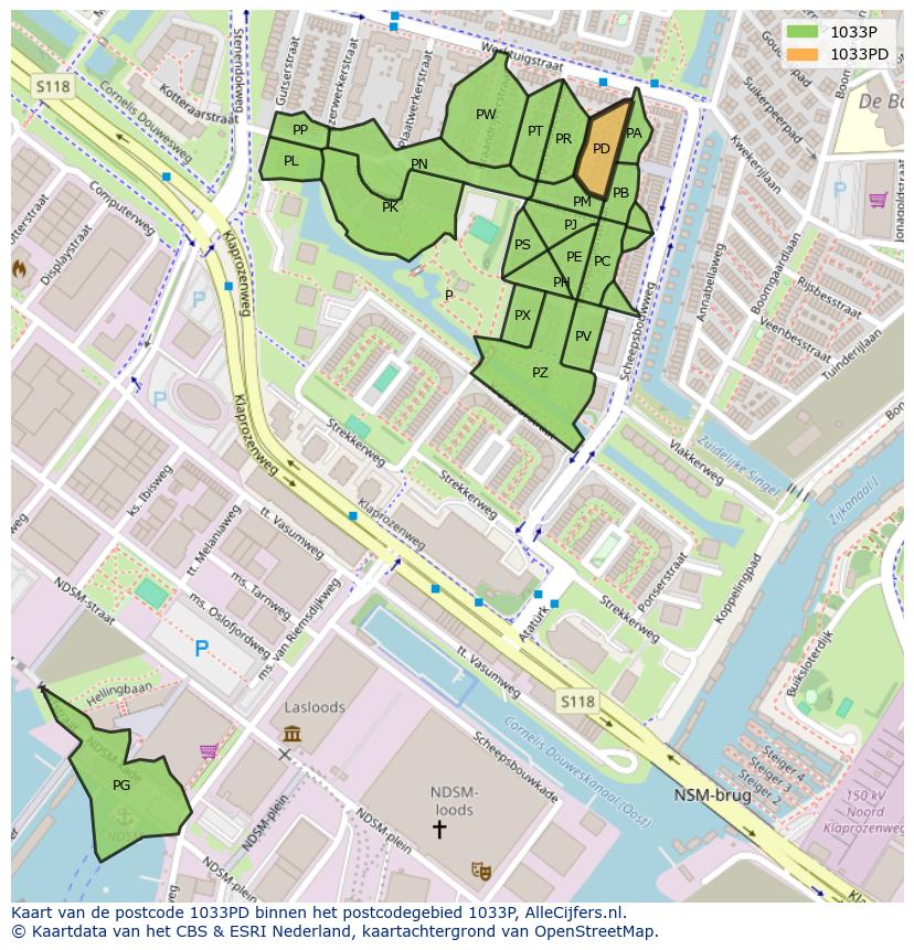 Afbeelding van het postcodegebied 1033 PD op de kaart.