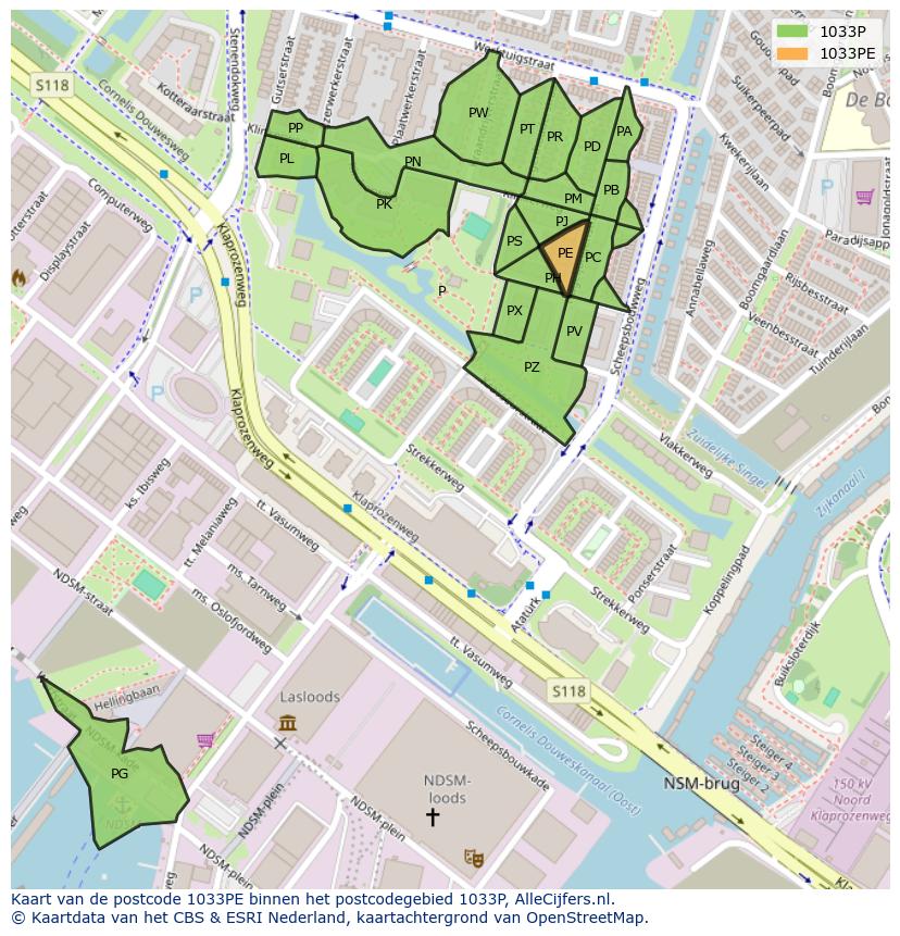 Afbeelding van het postcodegebied 1033 PE op de kaart.