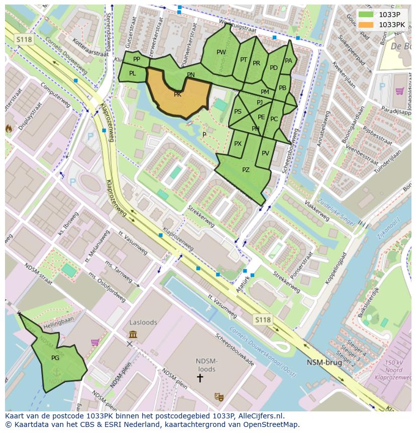 Afbeelding van het postcodegebied 1033 PK op de kaart.