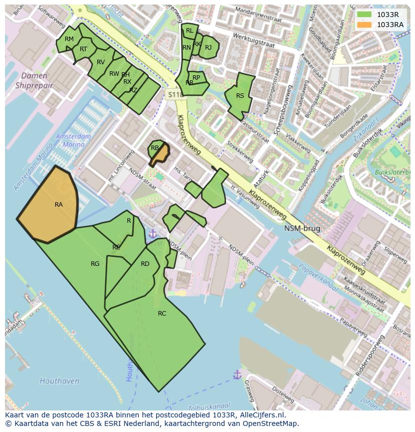 Afbeelding van het postcodegebied 1033 RA op de kaart.