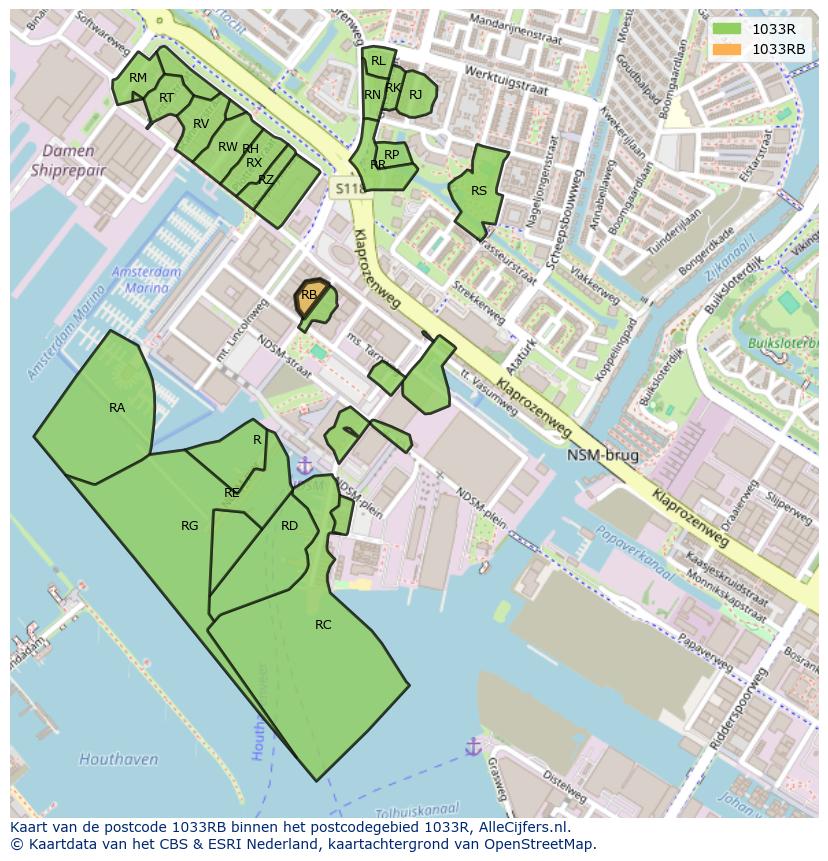 Afbeelding van het postcodegebied 1033 RB op de kaart.