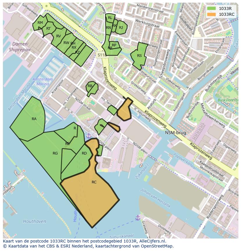 Afbeelding van het postcodegebied 1033 RC op de kaart.