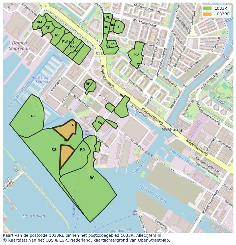 Afbeelding van het postcodegebied 1033 RE op de kaart.