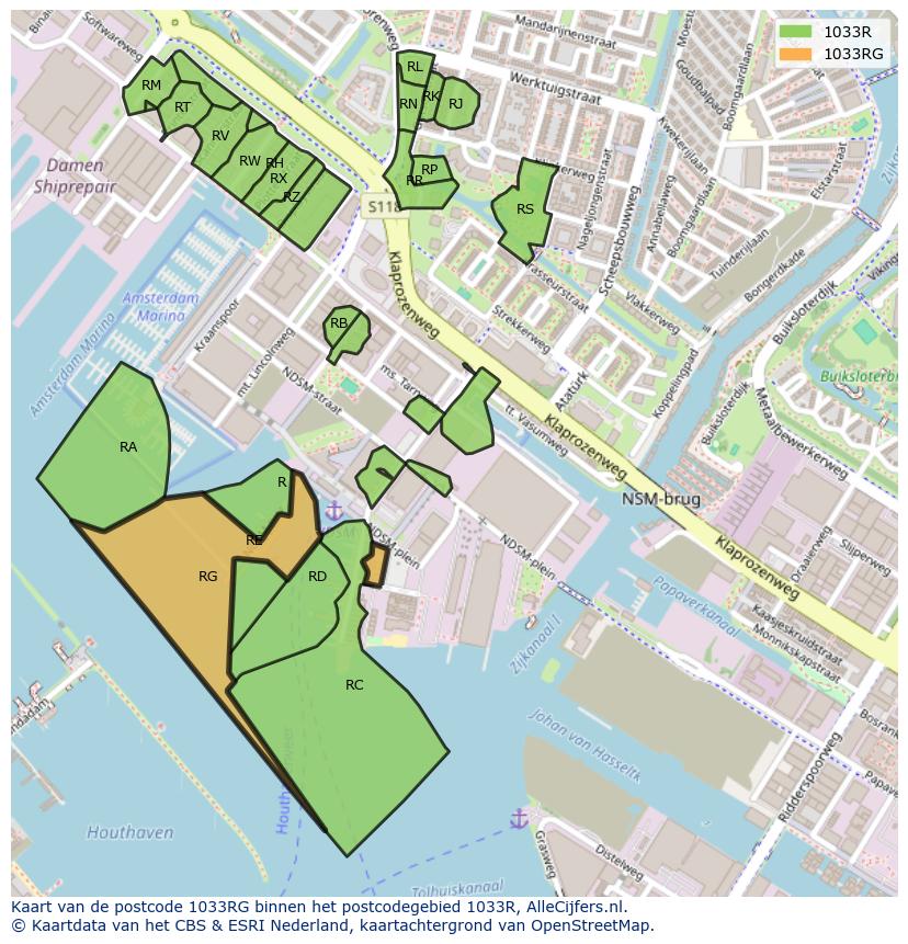 Afbeelding van het postcodegebied 1033 RG op de kaart.
