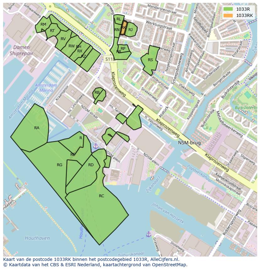 Afbeelding van het postcodegebied 1033 RK op de kaart.