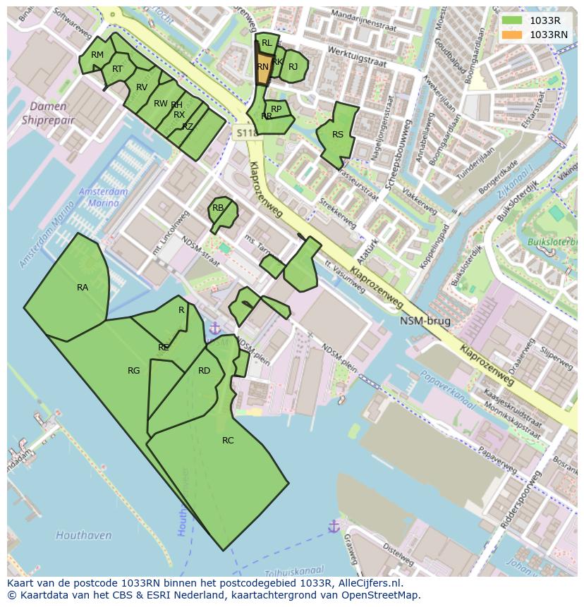 Afbeelding van het postcodegebied 1033 RN op de kaart.
