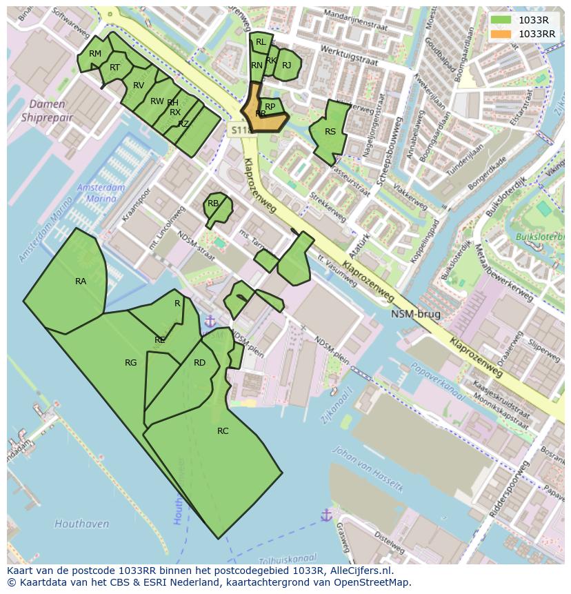 Afbeelding van het postcodegebied 1033 RR op de kaart.