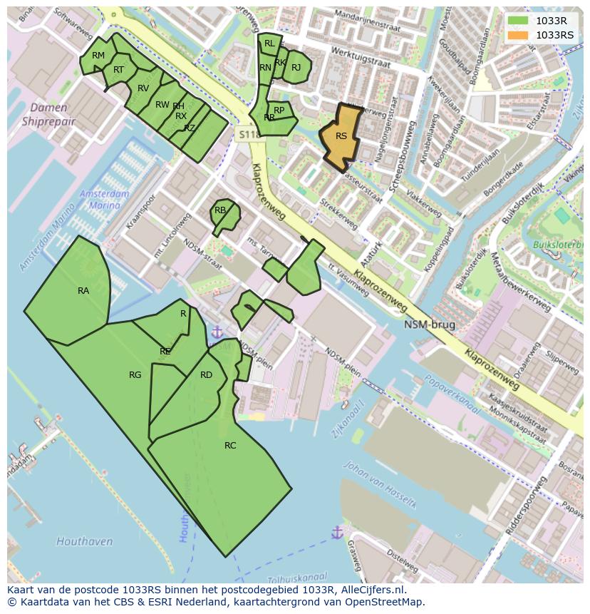 Afbeelding van het postcodegebied 1033 RS op de kaart.