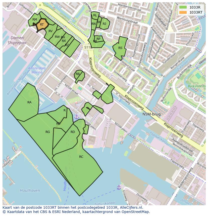 Afbeelding van het postcodegebied 1033 RT op de kaart.