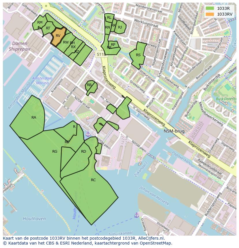Afbeelding van het postcodegebied 1033 RV op de kaart.