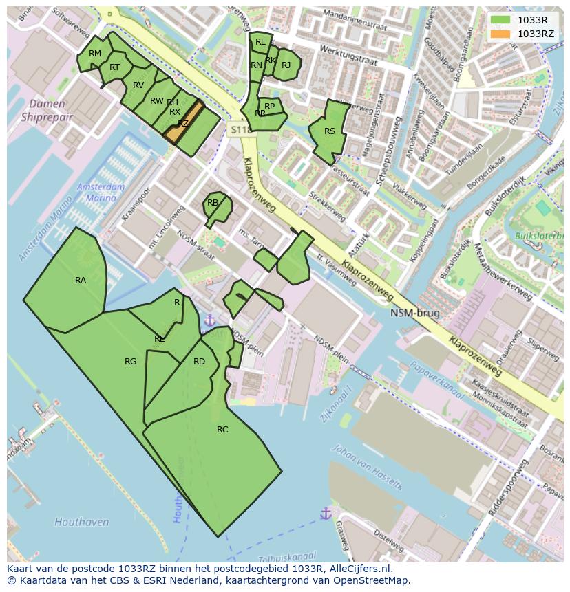 Afbeelding van het postcodegebied 1033 RZ op de kaart.