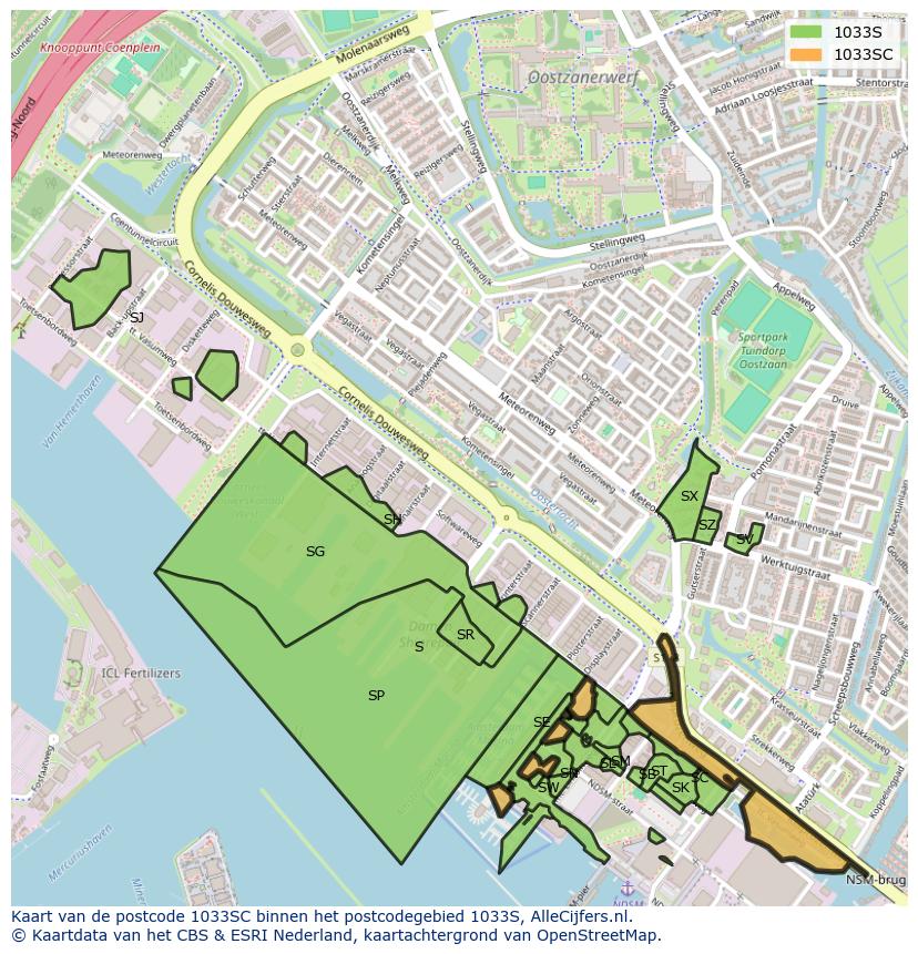 Afbeelding van het postcodegebied 1033 SC op de kaart.