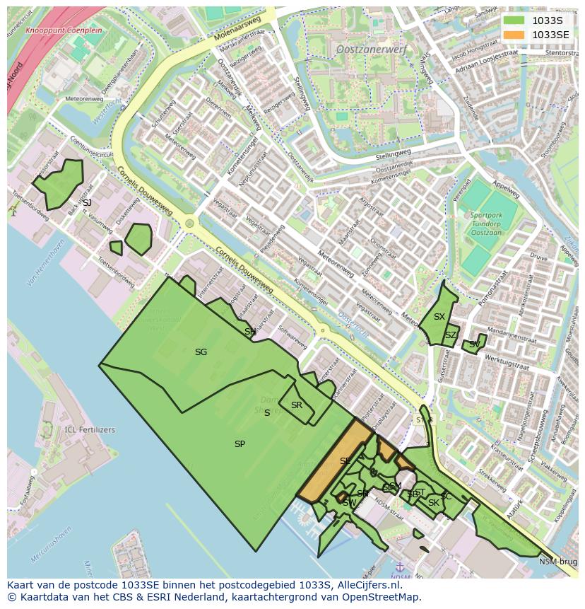 Afbeelding van het postcodegebied 1033 SE op de kaart.