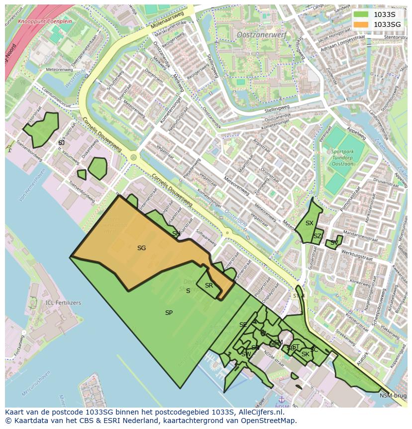 Afbeelding van het postcodegebied 1033 SG op de kaart.