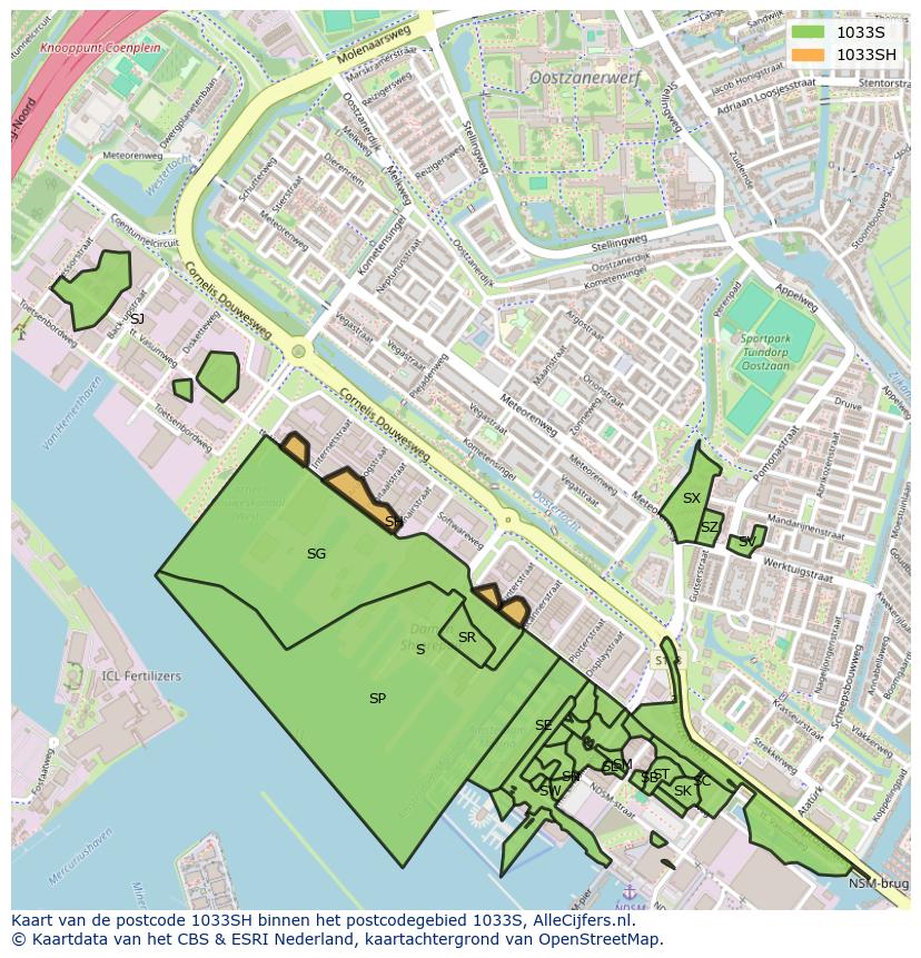 Afbeelding van het postcodegebied 1033 SH op de kaart.