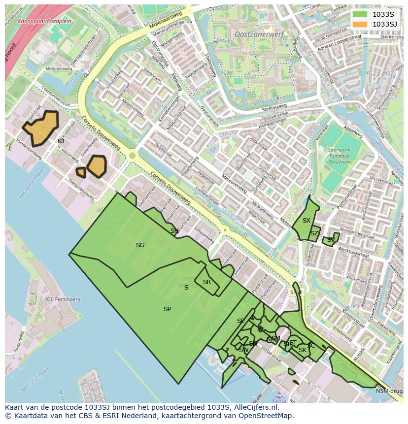 Afbeelding van het postcodegebied 1033 SJ op de kaart.