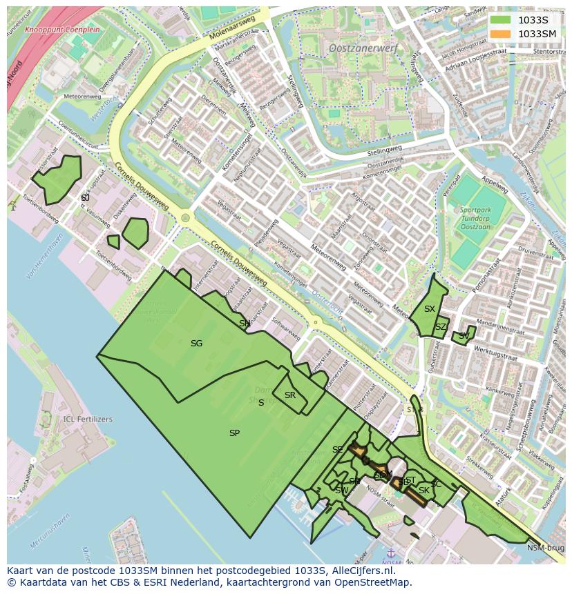 Afbeelding van het postcodegebied 1033 SM op de kaart.