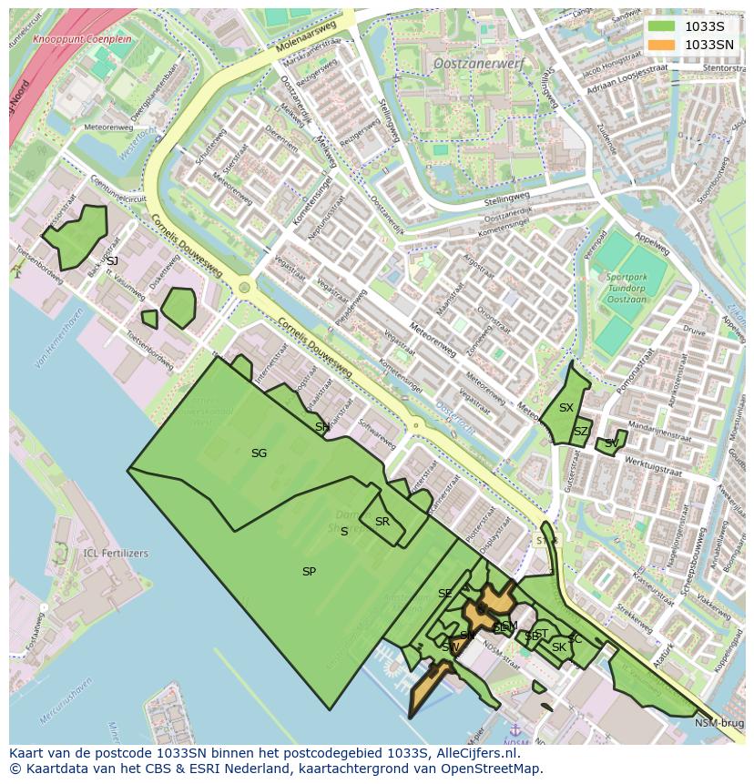 Afbeelding van het postcodegebied 1033 SN op de kaart.