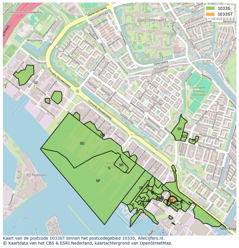 Afbeelding van het postcodegebied 1033 ST op de kaart.