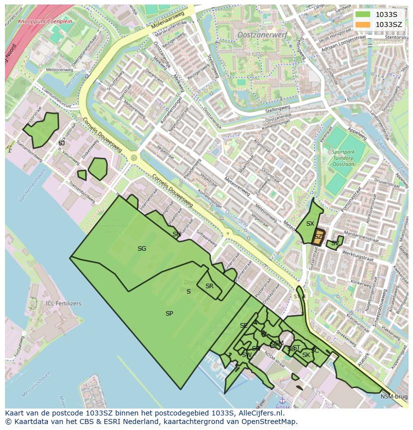 Afbeelding van het postcodegebied 1033 SZ op de kaart.