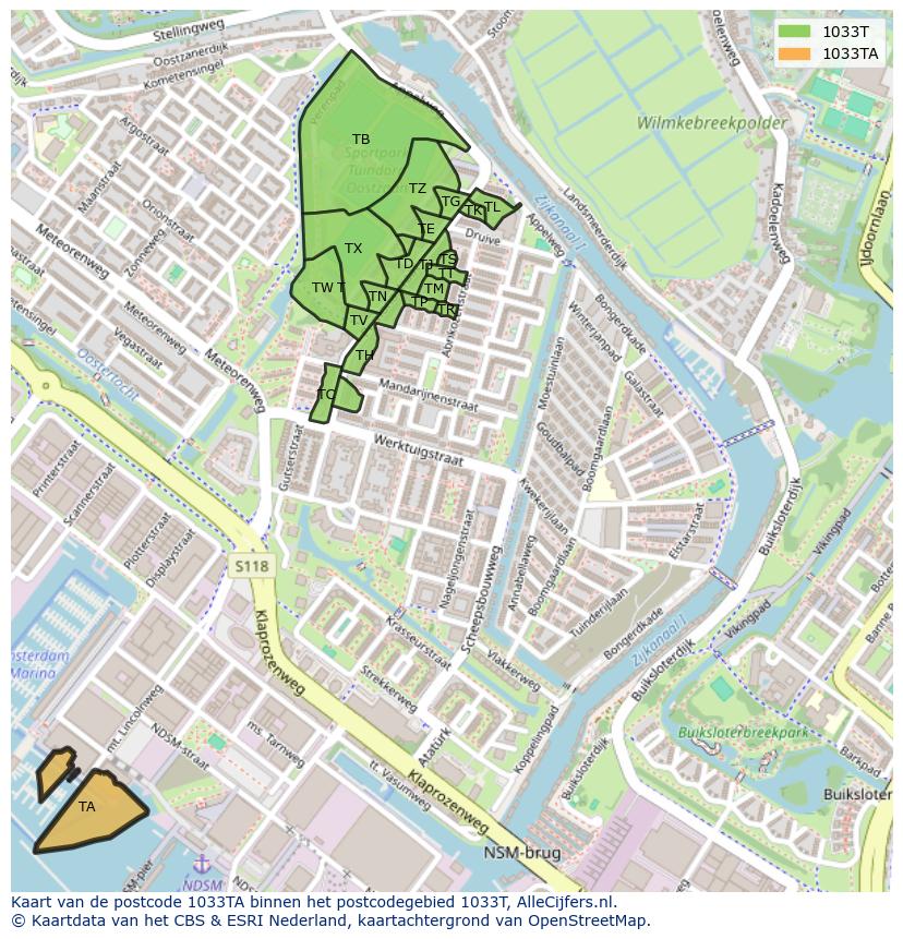 Afbeelding van het postcodegebied 1033 TA op de kaart.
