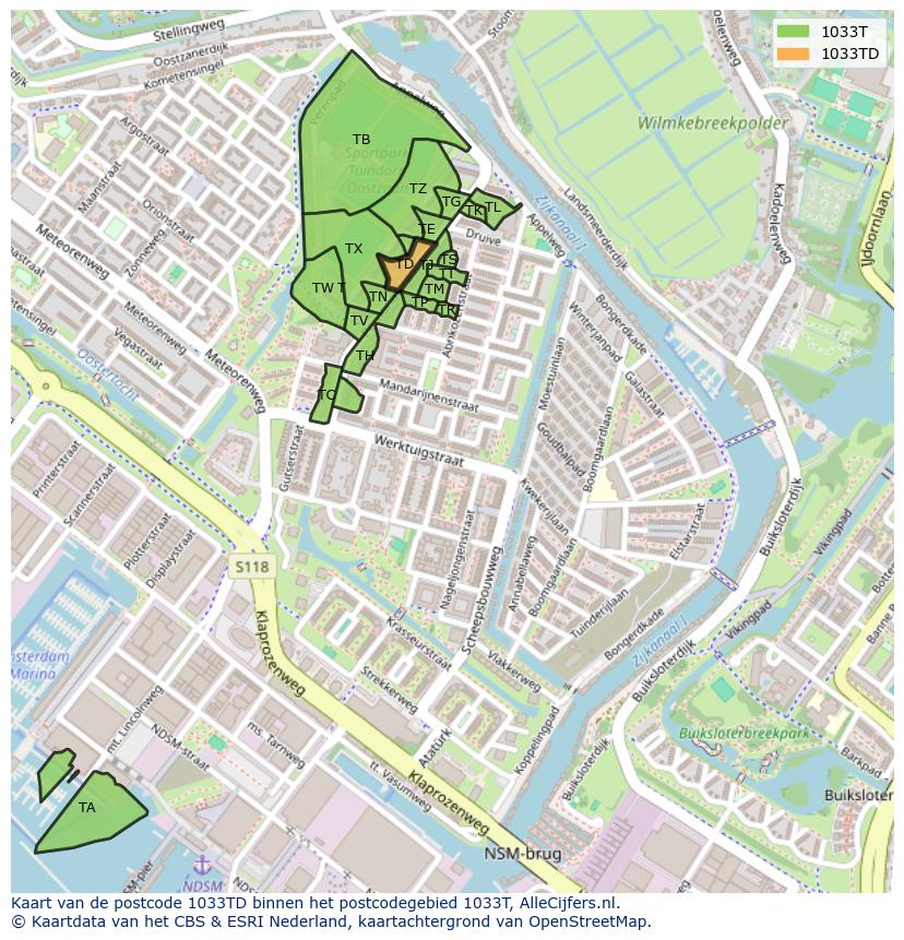 Afbeelding van het postcodegebied 1033 TD op de kaart.