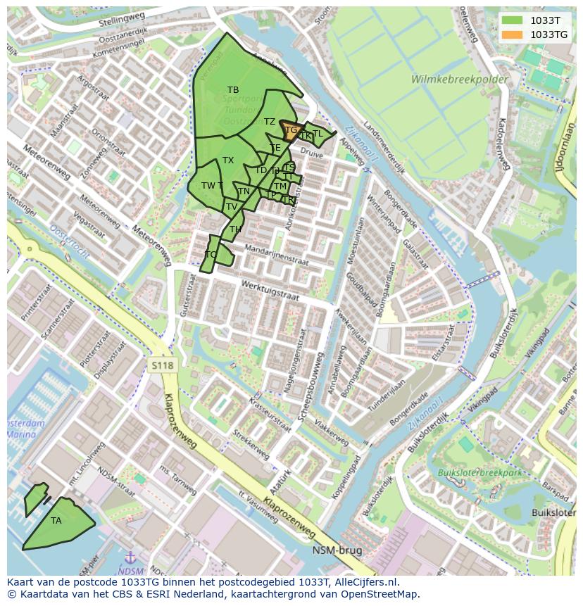 Afbeelding van het postcodegebied 1033 TG op de kaart.