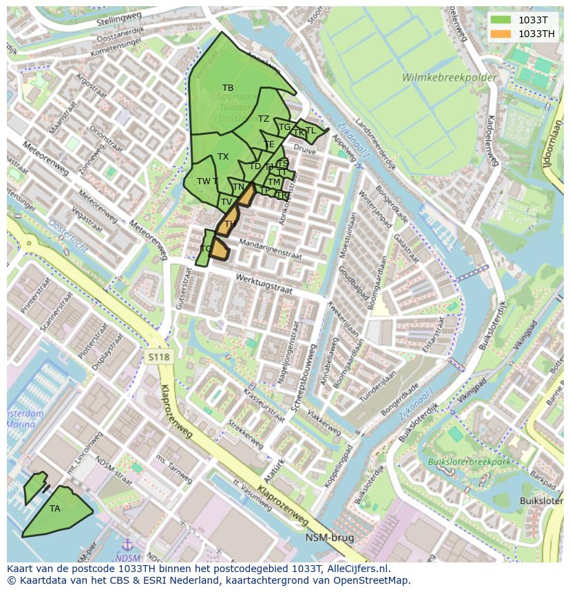 Afbeelding van het postcodegebied 1033 TH op de kaart.