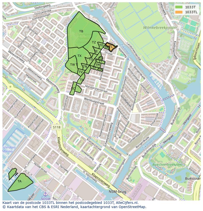 Afbeelding van het postcodegebied 1033 TL op de kaart.