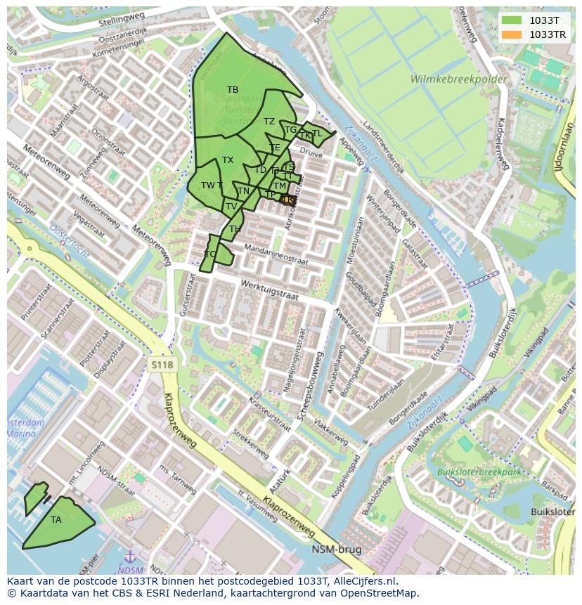 Afbeelding van het postcodegebied 1033 TR op de kaart.