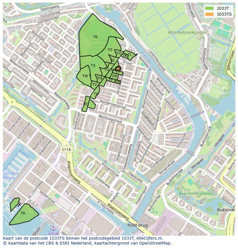 Afbeelding van het postcodegebied 1033 TS op de kaart.