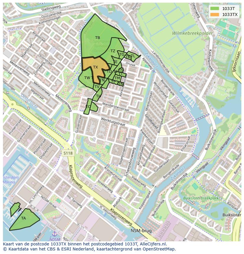 Afbeelding van het postcodegebied 1033 TX op de kaart.