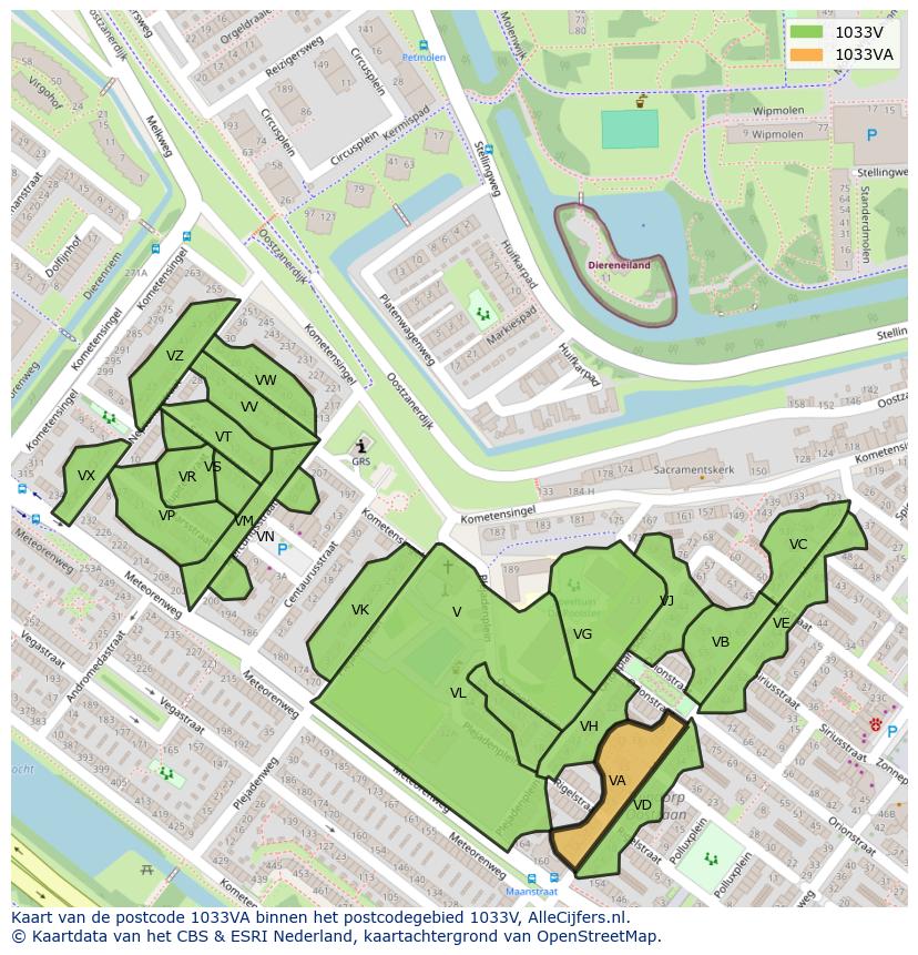 Afbeelding van het postcodegebied 1033 VA op de kaart.