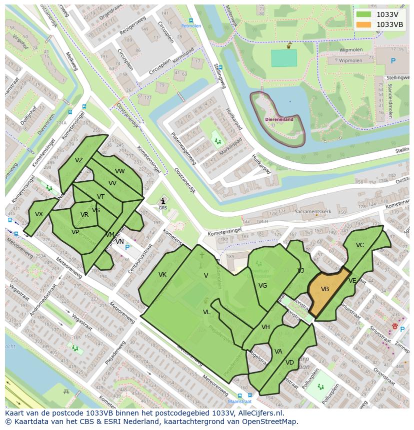 Afbeelding van het postcodegebied 1033 VB op de kaart.