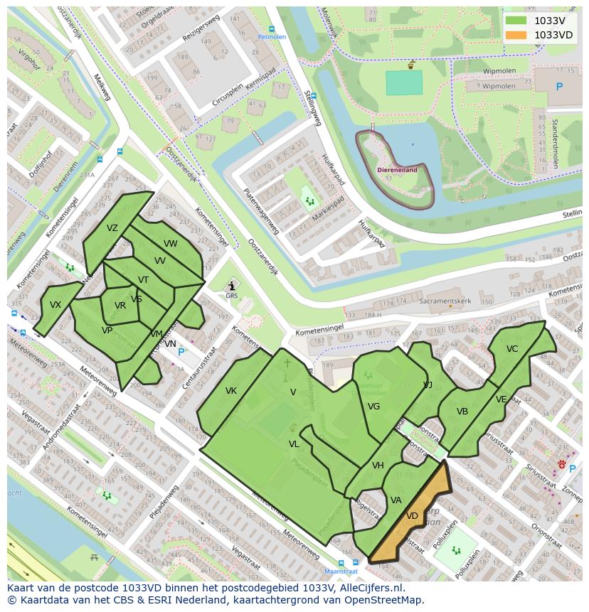 Afbeelding van het postcodegebied 1033 VD op de kaart.