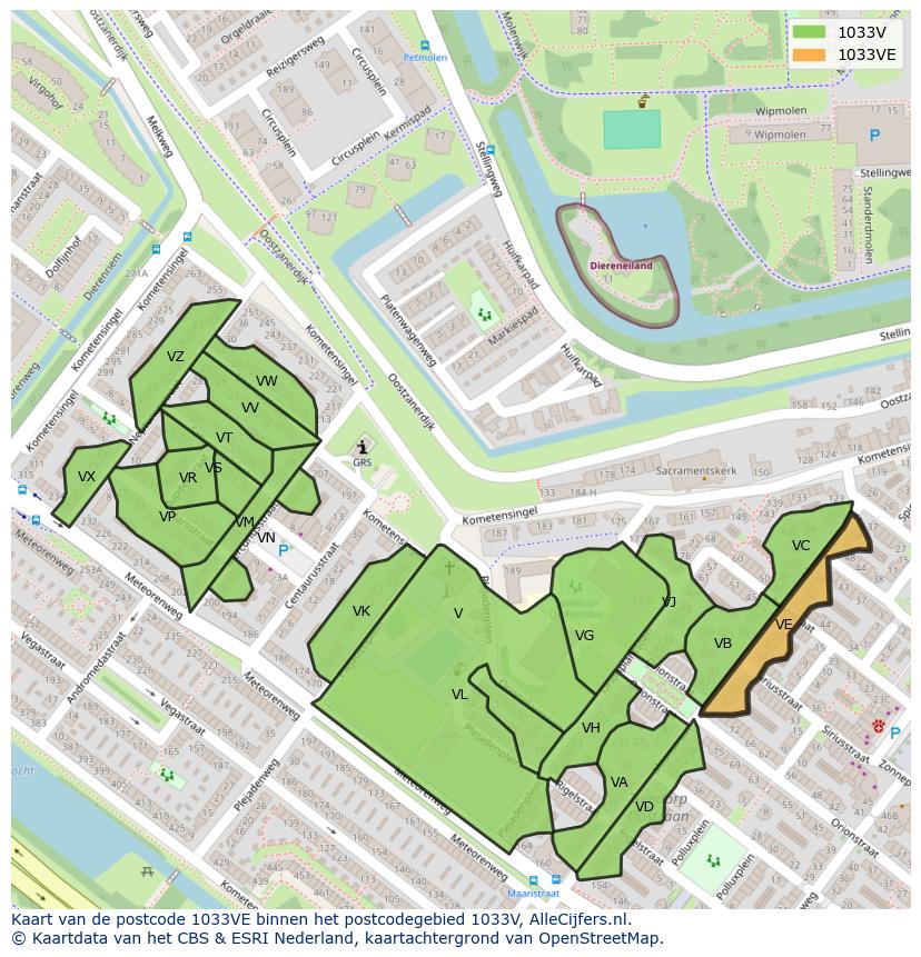 Afbeelding van het postcodegebied 1033 VE op de kaart.