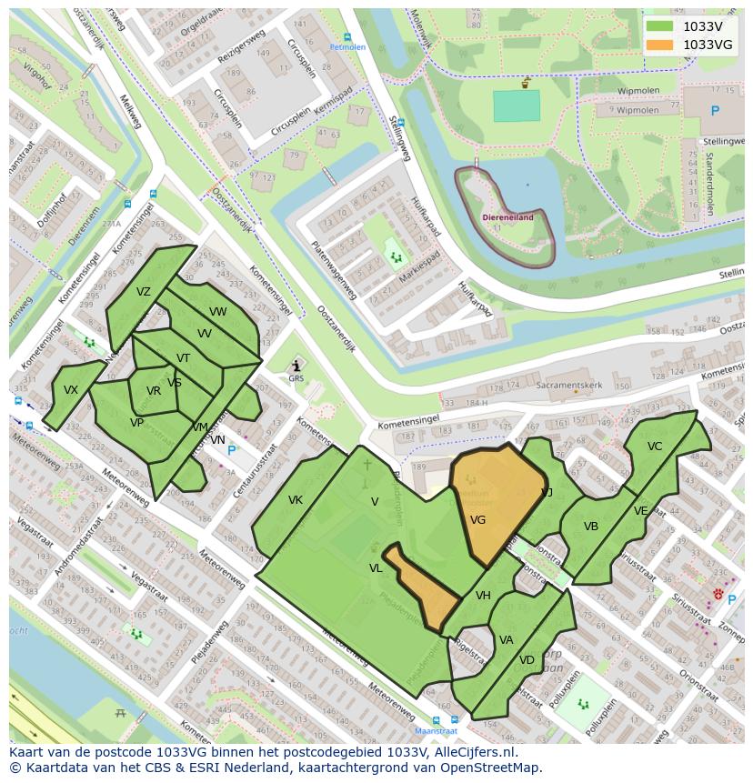 Afbeelding van het postcodegebied 1033 VG op de kaart.