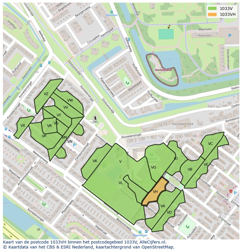 Afbeelding van het postcodegebied 1033 VH op de kaart.