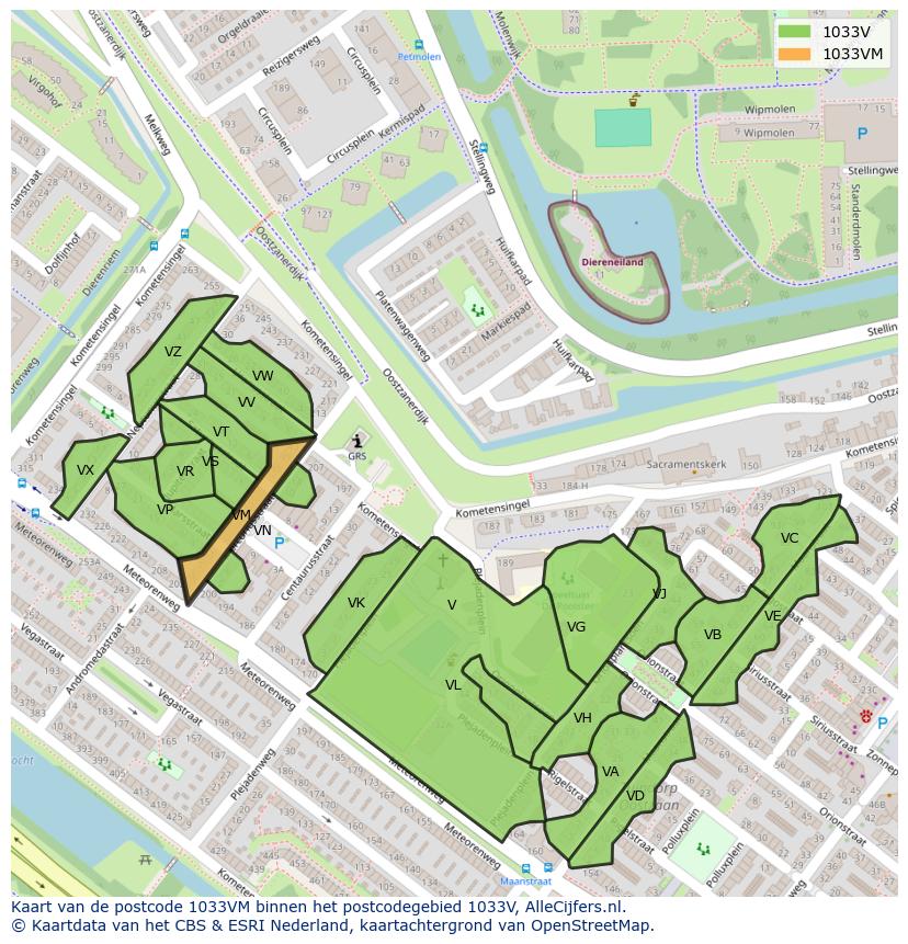 Afbeelding van het postcodegebied 1033 VM op de kaart.