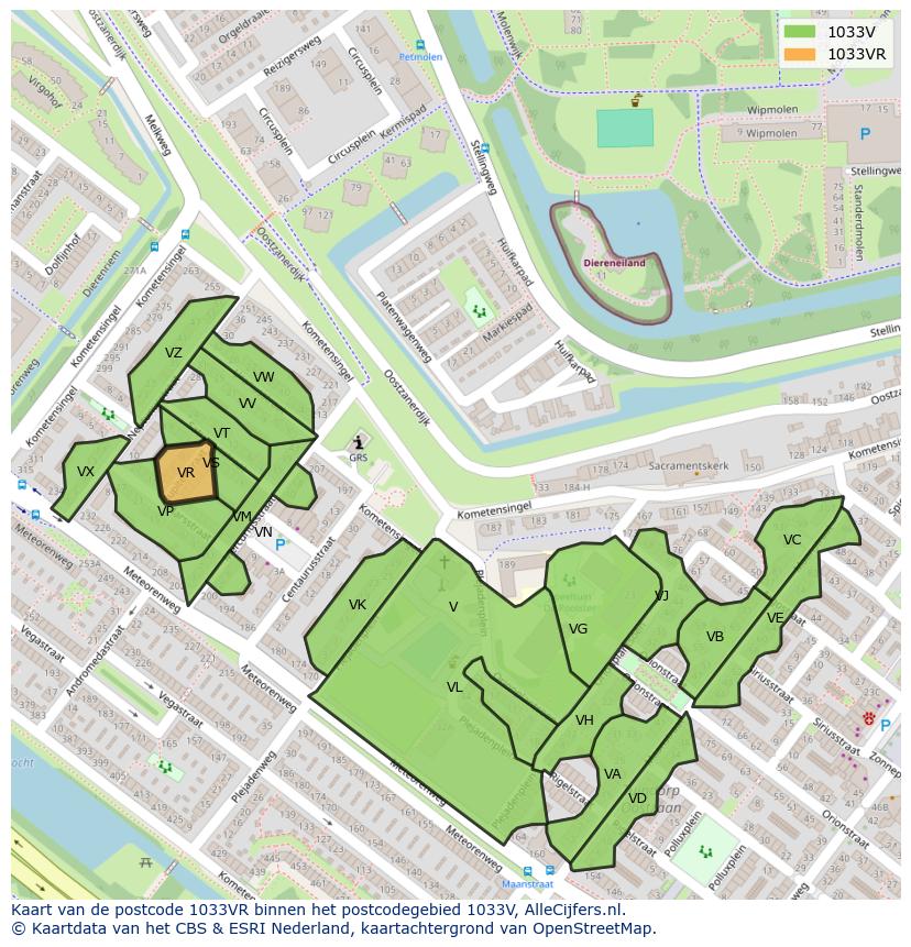 Afbeelding van het postcodegebied 1033 VR op de kaart.
