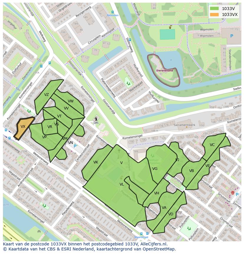 Afbeelding van het postcodegebied 1033 VX op de kaart.