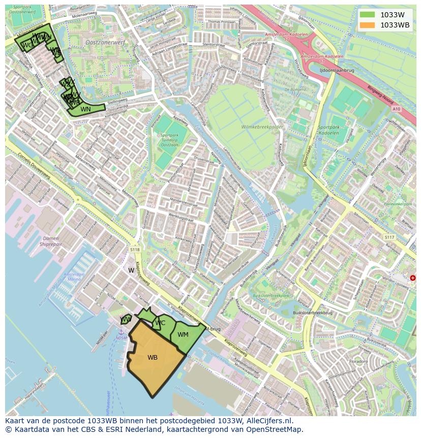 Afbeelding van het postcodegebied 1033 WB op de kaart.